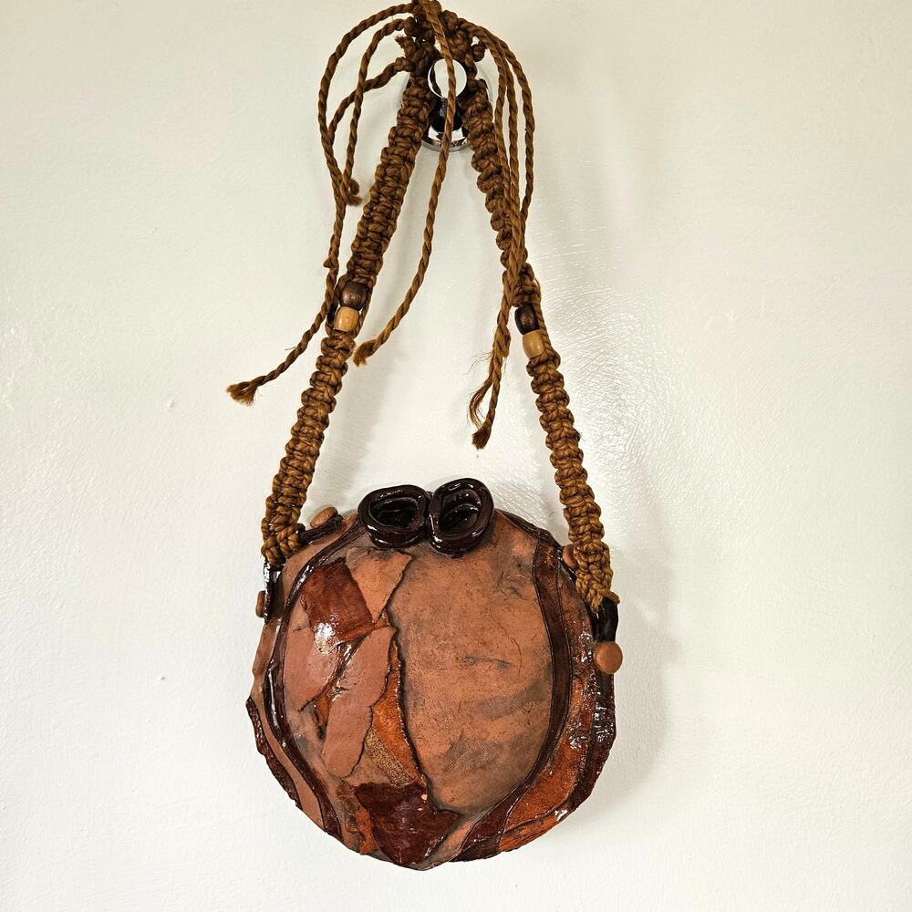 Handmade Pottery Macrame Wall Hanging Art Southwestern Boho Canteen Decor